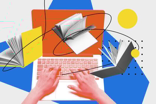 An illustration featuring male hands at work on a keyboard, with open books circling around.