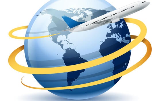 An illustration of a world globe with a plane flying around it.