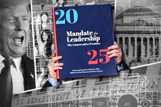 An illustration of the Project 2025 book, President Trump, the Department of Education and Columbia University.