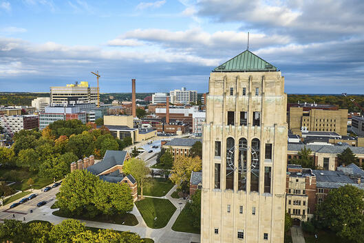 Aerial View of Burton Memorial Tower Amidst Urban Landscape, University of Michigan, Ann Arbor