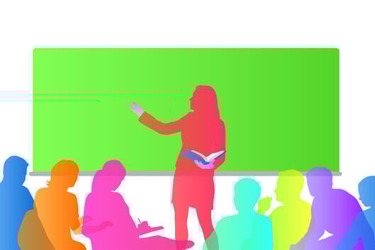 A colorful illustration of a female professor lecturing to a group of students. Each person is depicted as a silhouette of a different color.