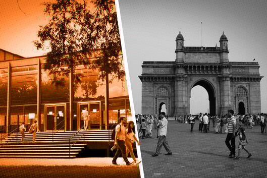 A split image of the Illinois Institute of Technology campus and the Gateway to India in Mumbai. 
