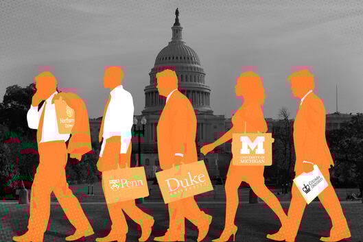 Individuals in business attire with college logos on their briefcases walking in front of the US Capitol building.