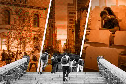 Students walking up a staircase with a background of three-image panel of a college campus, a city and a mostly empty classroom.