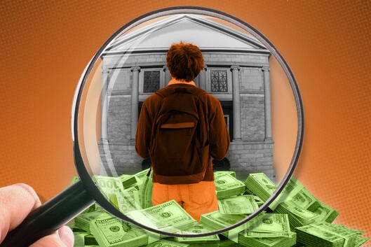 Illustration: A student looking at a college building standing on a pile of money while under a magnifying glass.