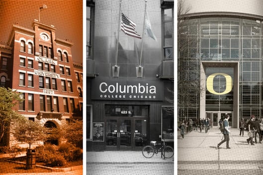 Illustration: The campuses of Clark University, Columbia College Chicago and the University of Oregon. 