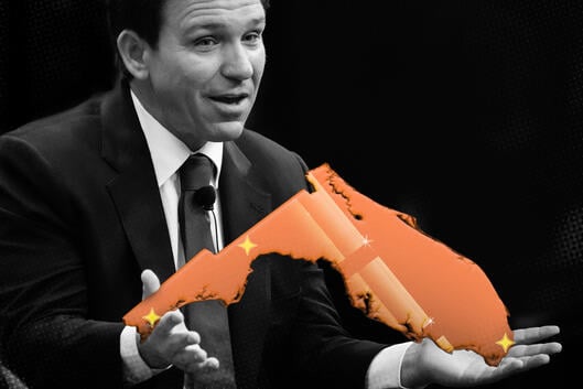 An illustration of Governor Ron DeSantis holding Florida in his hands.