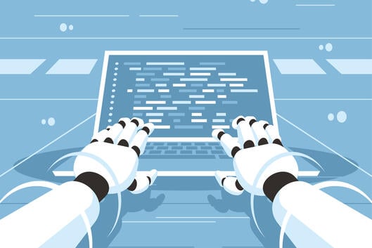 An illustration of two robotic hands typing on a keyboard.