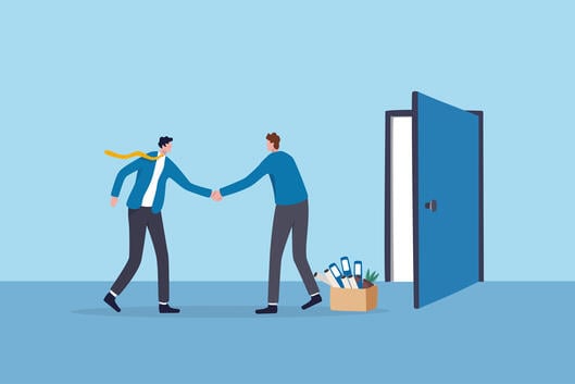 An illustration of a departing employee, a box full of personal belongings at his feet, shaking hands with a boss upon departure, while standing in front of an open door.