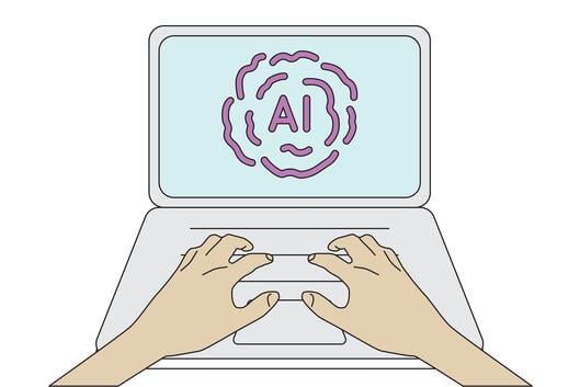 An illustration of two hands resting on a laptop keyboard; the screen says "AI."
