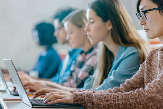 A line of college students of different races and ethnicities works on their laptops in a classroom.