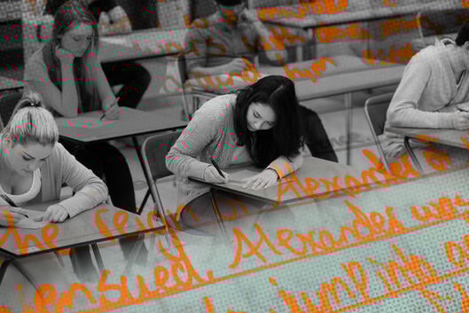 Students taking a written test with handwriting overlaid on top of it.