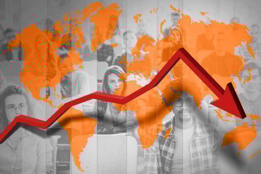An arrow points down over a map of the world merged with a diverse group of students.