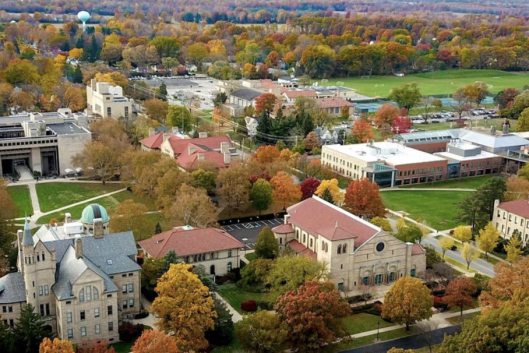 Aerial view of Oberlin College's campus in the fall.
