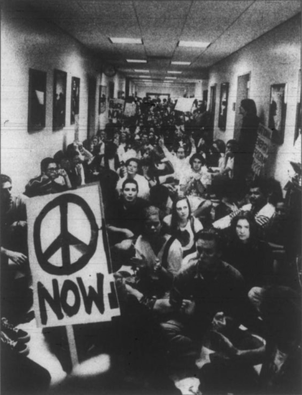 A black and white photo of student protesters