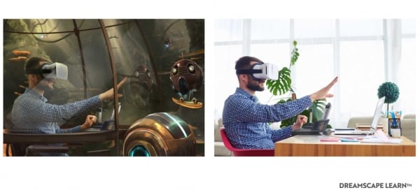 Two images of the same students wearing VR goggles. In the left image, the backdrop is a virtual reality alien world. In the right image, the backdrop is a light-filled office with a desk and potted plants.