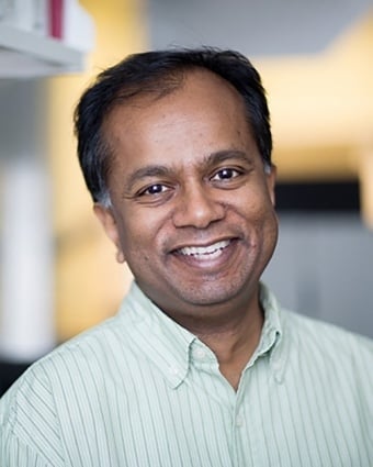 A photograph of Ram Sasisekharan, a South Asian man with brown skin, dark hair, and some white at his temples. He is wearing a green striped button-down shirt. 