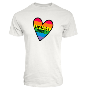 A white T-shirt with a rainbow heart that says "UMass Amherst" on it.