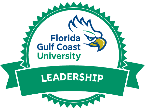 An image of a digital badge featuring the words "Florida Gulf Coast University" and "Leadership."