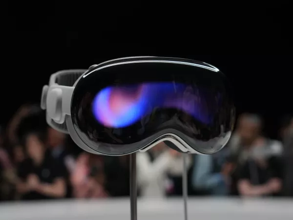 Apple Vision Pro, a headset that looks like ski goggles.