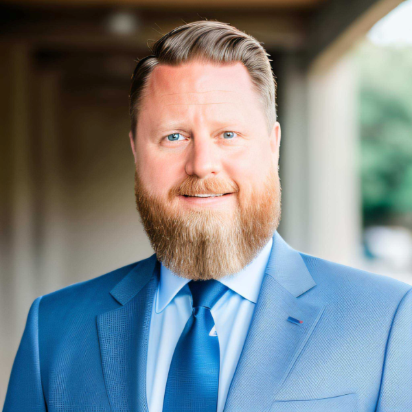 Colin David Pears, a light-skinned man with a reddish-brown beard, smiles for a head shot wearing a blue suit and tie.