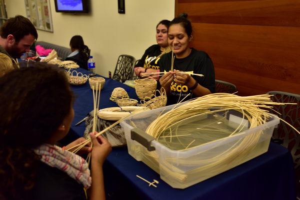 Students and staff engage in basket weaving.