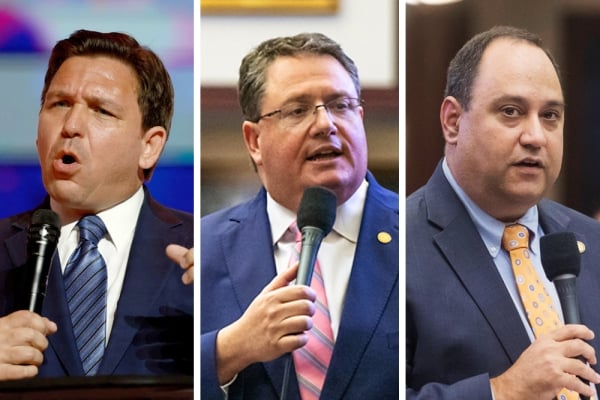 Headshots of Ron DeSantis, Randy Fine, and Ray Rodrigues, all of whom are light-skinned men wearing business suits.