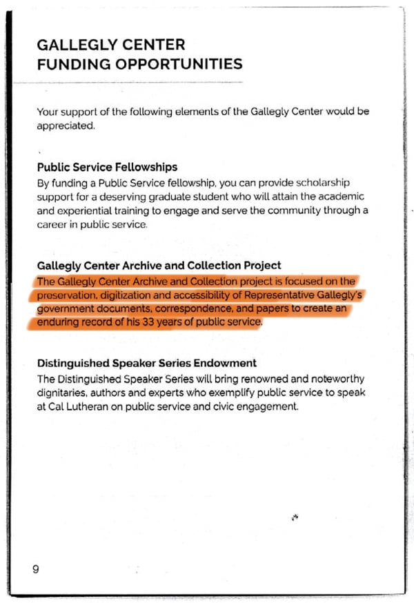 Fundraising brochure for the Gallegly Center highlighting section about an intent to digitize Gallegly’s archival papers.