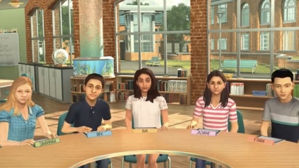 A group of virtual children faces toward the viewer, seated around a table in a classroom.