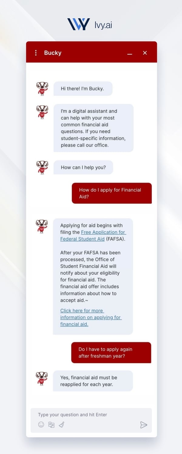 A screenshot of AI bot "Bucky" helping answer a financial aid question 
