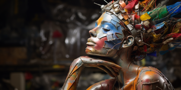 Art institutes getting creative tackling AI 1 A woman with face paint and multicolored objects in her hair rests her head on her hand