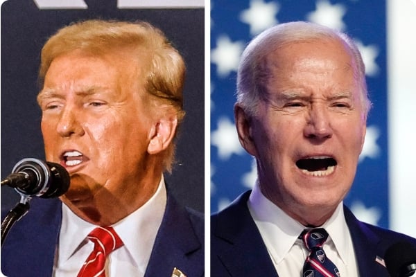 A side-by-side image of headshots of former president Trump and current president Biden.