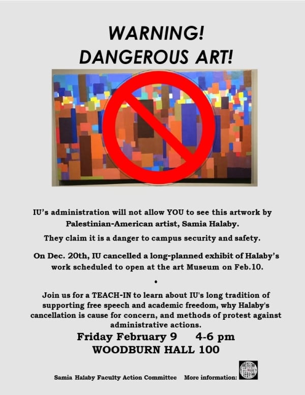 Flier for the Feb. 9 teach-in that says "Warning! Dangerous Art"