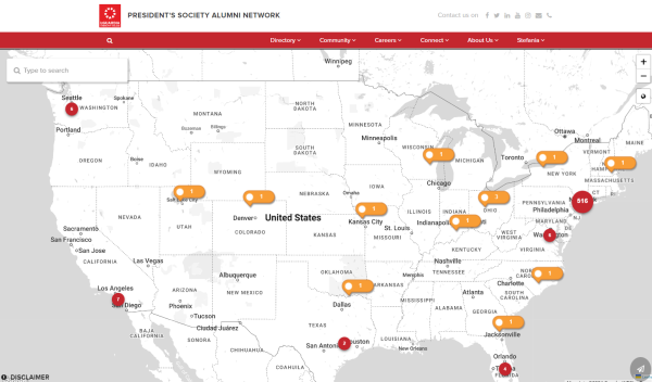 A map from the alumni network platform showing where former President's Society members are located now
