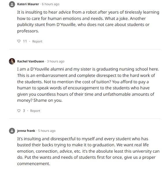 A screenshot with three comments on a petition, each citing disappointment with the decision