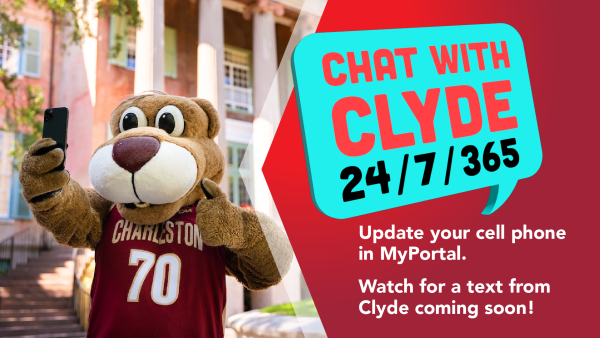 A graphic with Clyde, the Cougar, taking a selfie, next to text that reads "Chat with Clyde 24/7/365"