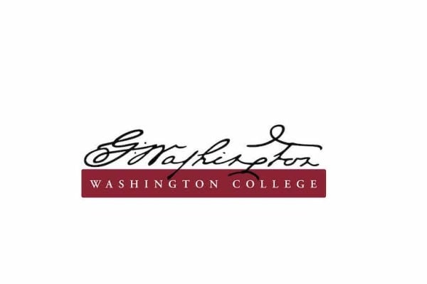 the word washington in script above a red block that says Washington College in white text