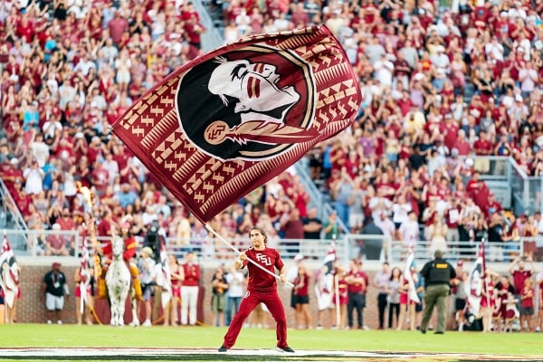 A photo of a person waving the Florida State University flag at an athletic event.