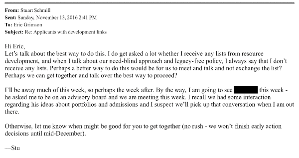 Email from Stuart Schmill to Eric Grimson, subject line: RE: Applicants with development links