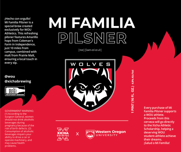 The label of the Mi Familia Pilsner, which features red mountains and the wolf logo of Western Oregon University