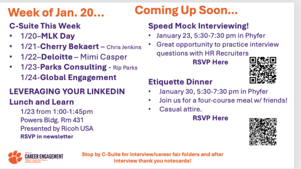 A PowerPoint slide advertising services and supports at the C-Suite, including speed mock interviewing and an etiquette dinner.