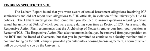 A portion of a 2019 letter to Joseph Reilly alleging he violated Seton Hall’s Title IX policies.