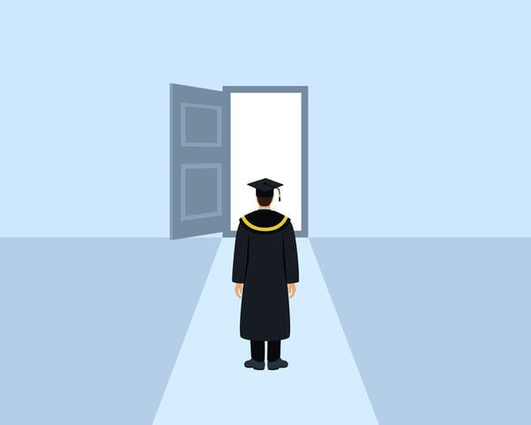An illustration of a man in a graduation cap and gown standing in front of an open door, suggesting opportunity.