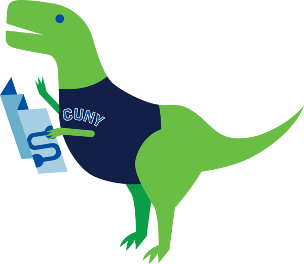 A cartoon Tyrannosaurus rex wearing a CUNY T-shirt