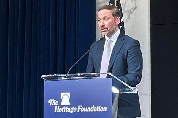 A photo of Jonathan Pidluzny speaking at the Heritage Foundation.