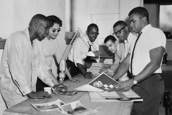 Lincoln University students and staff edit an edition of the campus newspaper, The Lincolnian.