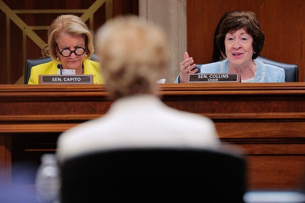 Susan Collins (R-ME) (R) questions Education Secretary Linda McMahon.