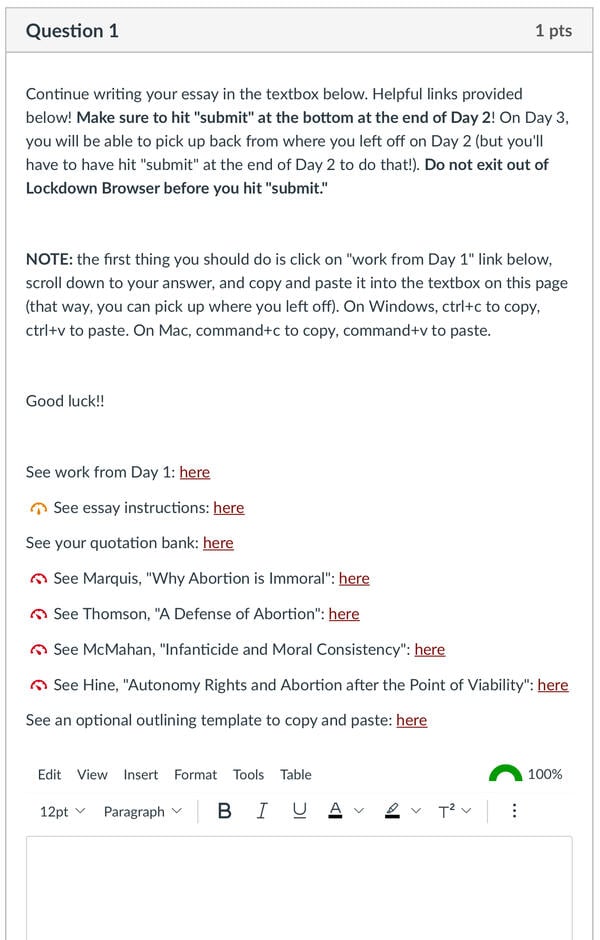 A photo of a screenshot showing sample instructions to students as they would appear in their learning management system.