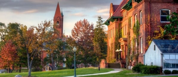 A picture of Wells College campus, with redbrick buildings and a bell tower.