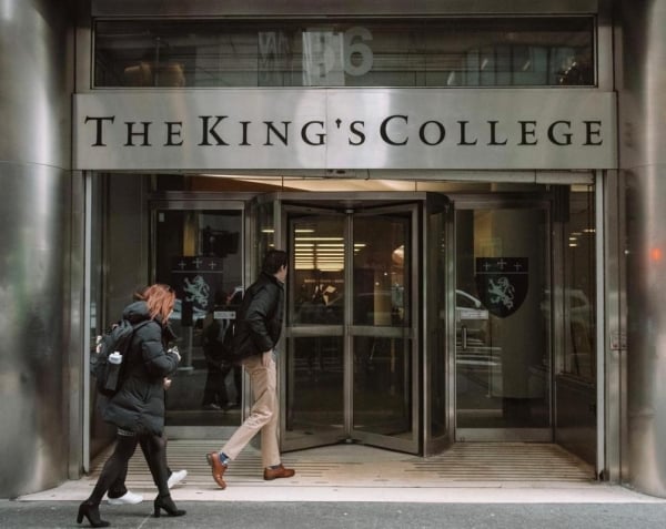 The front of a building housing the King's College in New York City.